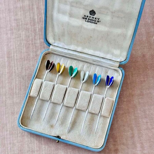 Exceptional rare Asprey silver & enamel Arrow cocktail sticks boxed set C1930