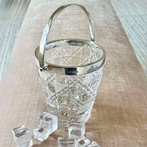 Edwardian Sterling Silver & Crystal Ice Bucket & Strainer Dated 1908
