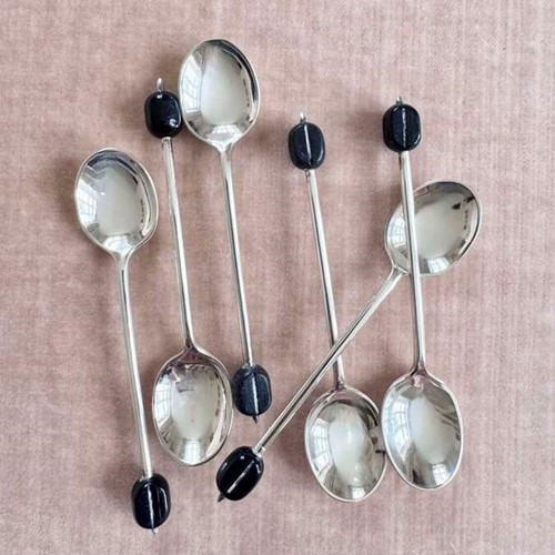 Set Art Deco Silver Plated Black Coffee Bean Finial Spoons In Case