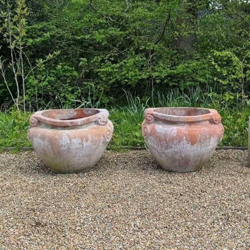 Pair of Large Terracotta Scroll Planters