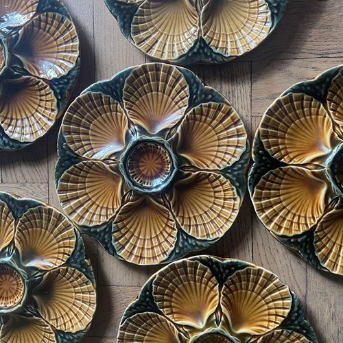 Set Of 6 French Majolica Oyster Plates