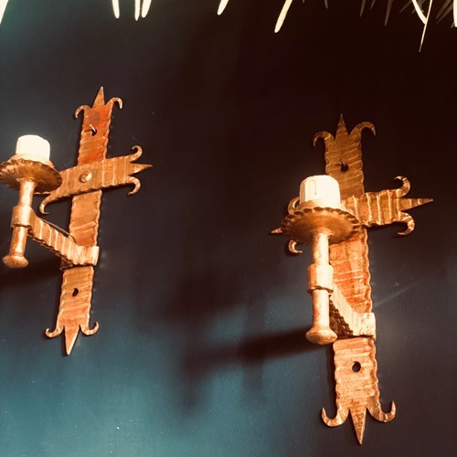 Pair Of Spanish Gilded Iron Wall Lights