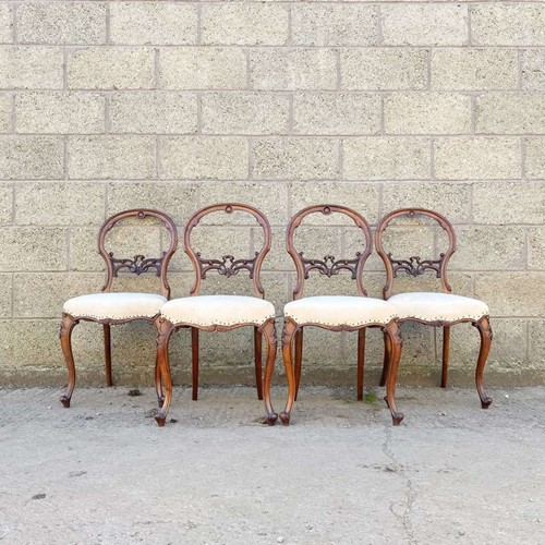 Victorian Carved Walnut Balloon Back Dining Chairs with Calico Seats