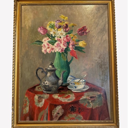 Vintage oil on canvas of table and flowers
