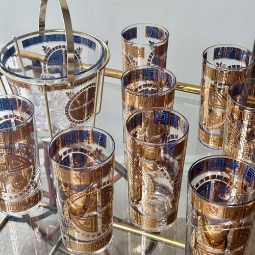 22ct gold & enamel Culver cocktail glasses & ice bucket set C1950