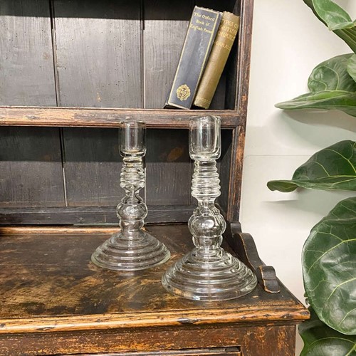 Pair of Large Glass Candle Sticks