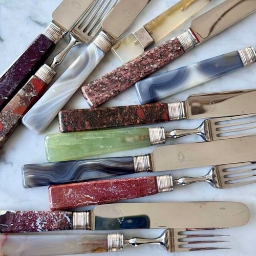 Rare Agate handled knives and forks for 6 guests