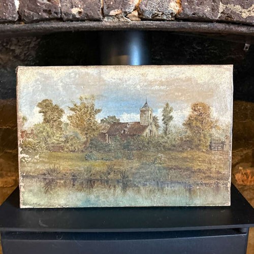 Vintage Oil On Canvas Landscape With Church & Trees By R.A. Clarke
