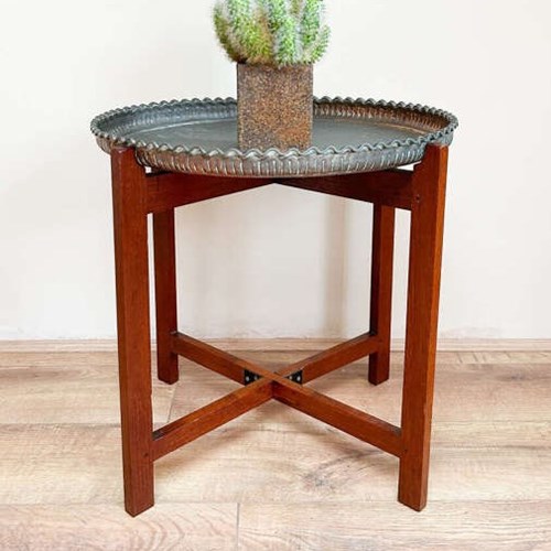 Mid Century Teak & Copper Plate Folding Side Table | Plant Stand