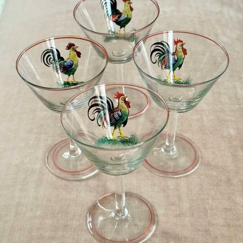 Four Art Deco enamelled cockerel cocktail glasses C1930