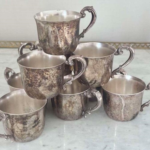 10 vintage patinated silver plated mugs
