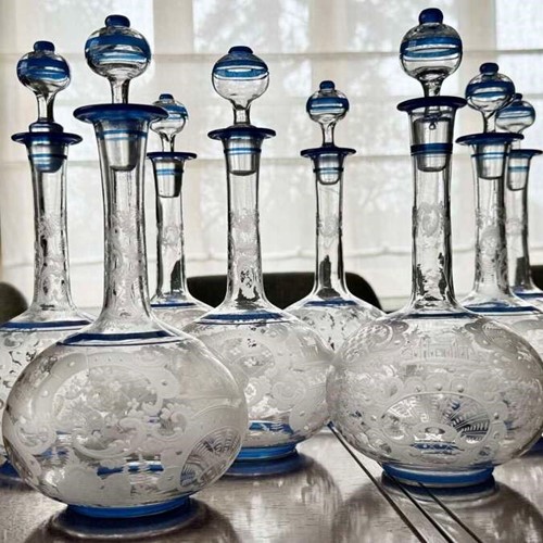 Outstanding set of Art Deco etched glass & enamel claret decanters C1920s