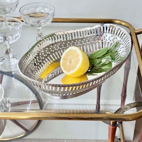 Vintage pierced silver plated oval bread basket