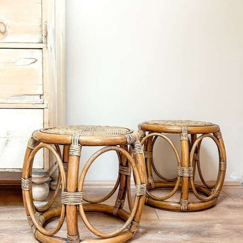 Pair of Bamboo Rattan Side Tables | Mid Century Modern