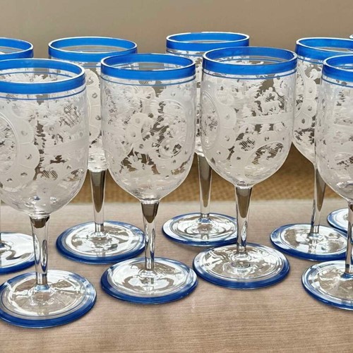 13 Art Deco Bohemian etched wine glasses with blue enamel rims