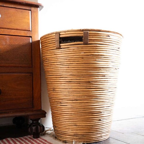Mid Century Pencil Reed Rattan Basket with Lid