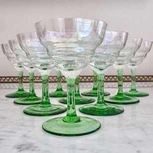 10 Art Deco iridescent green stem c...