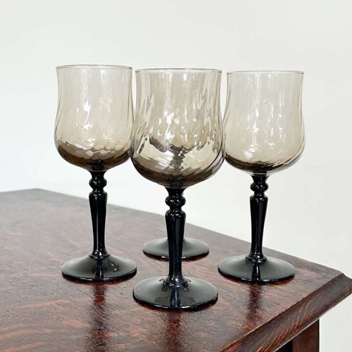 Set Of 4 Luminarc Black Stem Goblets | Smoky Swirl French Vintage Glasses 1970S