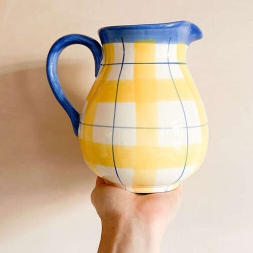 Vintage Yellow & Blue Checkered Jug | Ceramic Flower Or Kitchen Jug