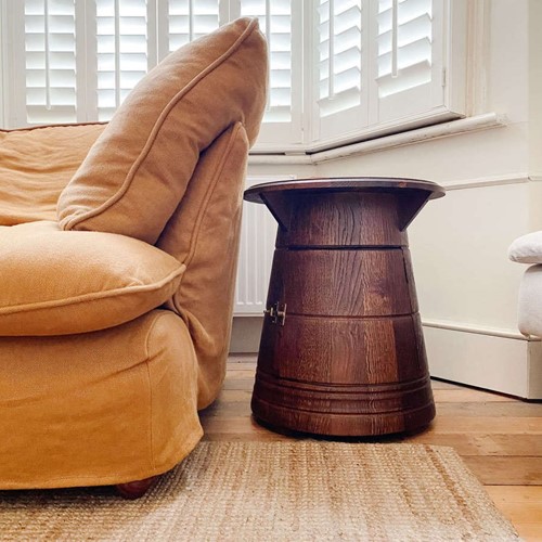 Oak Barrel Side Table With Latched Cupboard