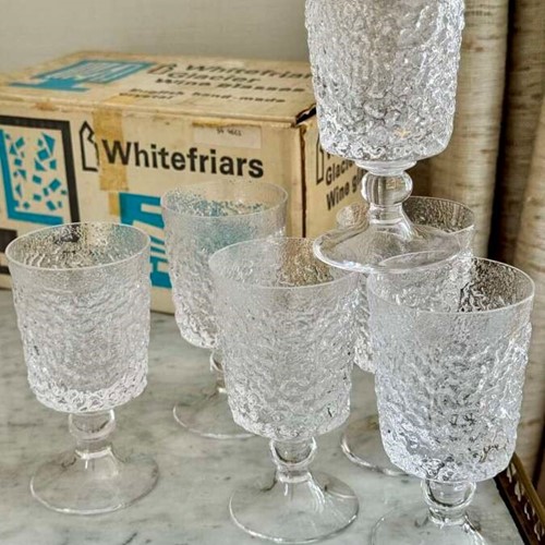 6 Whitefriars Handmade Crystal White Wine Glasses C1970