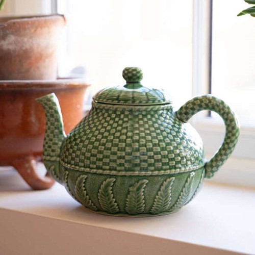 Vintage Teapot Green Bordallo Pinheiro Majolica Fern