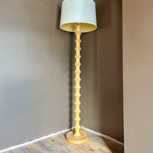 Mid-Century Modern Turned Wood Floor Lamp | Vintage Standing Lamp with Shade