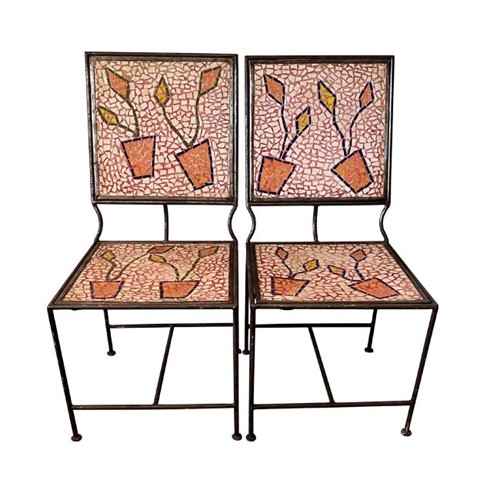 Pair Of Quirky Mosaic Iron Chairs