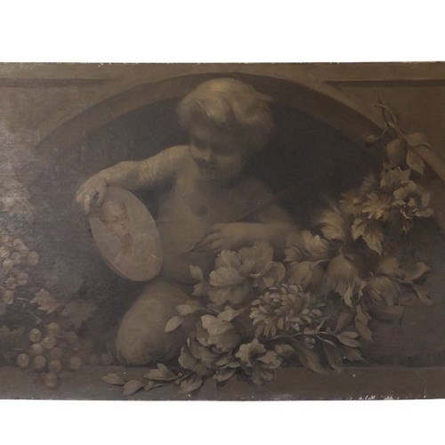 19Th Century French Grisaille Painting Of A Cherub
