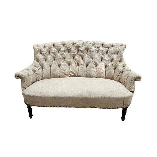 French Napoleon III Buttoned Scroll Back Sofa