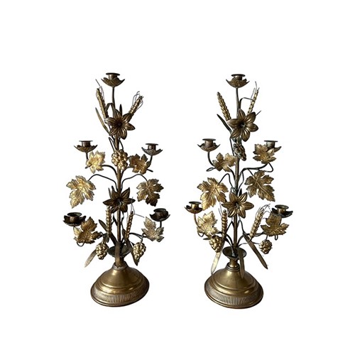 Pair Of Tall Brass Harvest Candleabras