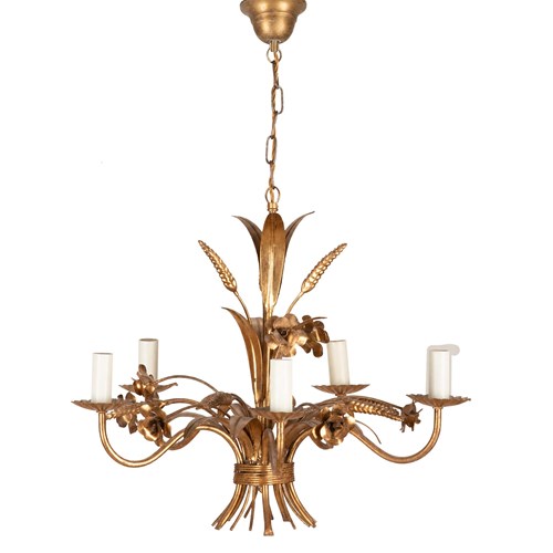 Mid-Century French Gilt Tole Floral & Wheat Sheaf Chandelier