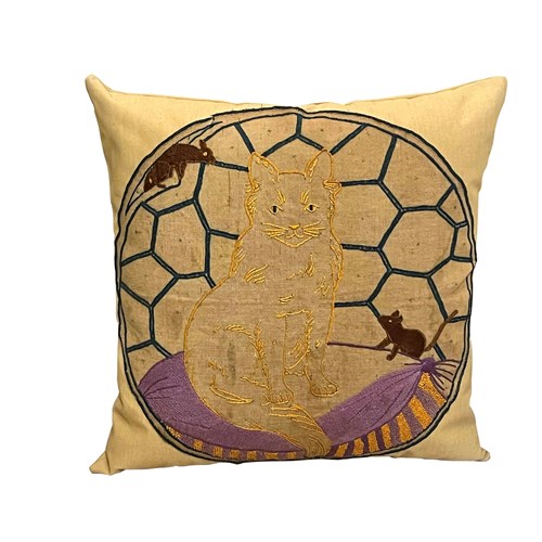 Mid-Century French Cat & Mice Embroidered Cushion