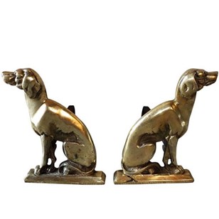 Pair Of Brass Seated Hound Andirons...