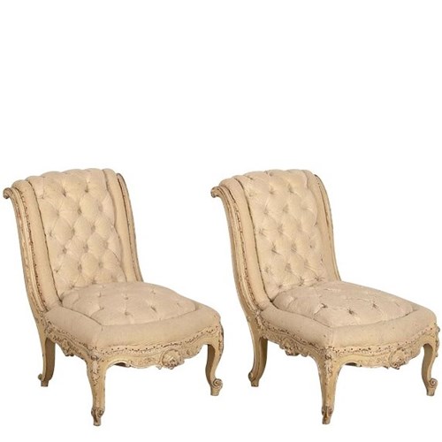Pair Of Scroll Back Tufted Slipper Chairs