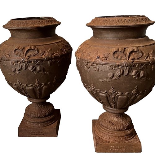 Pair Of 19Th Century Cast Iron Urn Planters By A. Durenne