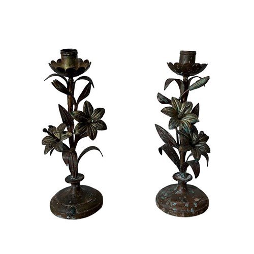 Pair Of Small French Brass Lily Candlesticks