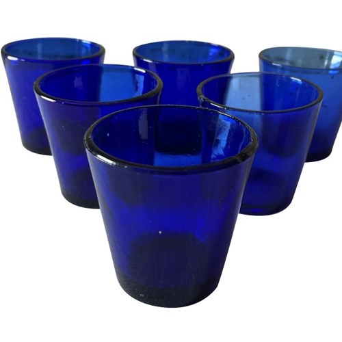 Set Of Six French Blue Votive Glasses