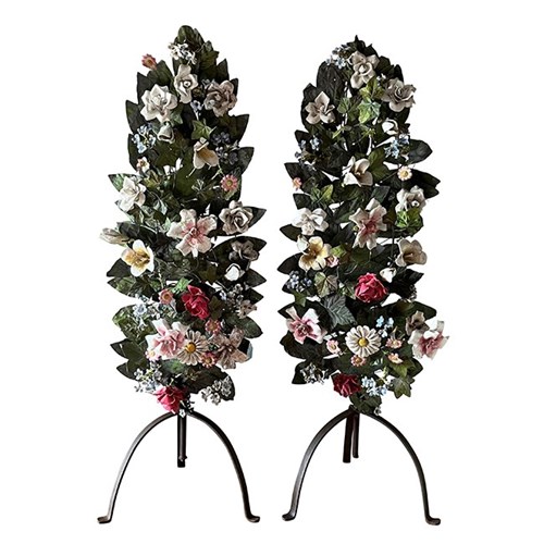 Large Pair Of French Tole & Porcelain Bouquets