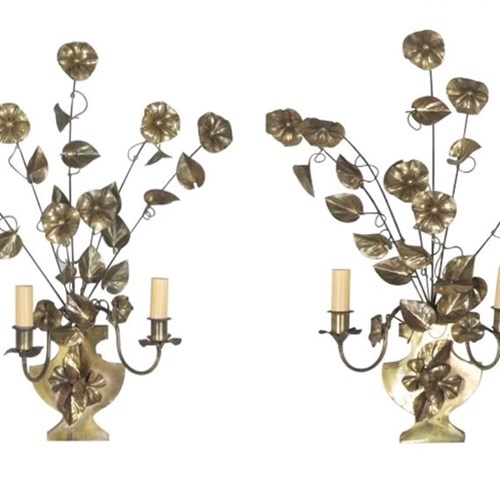 Pair Of Mid-Century French Brass Floral Wall Lights