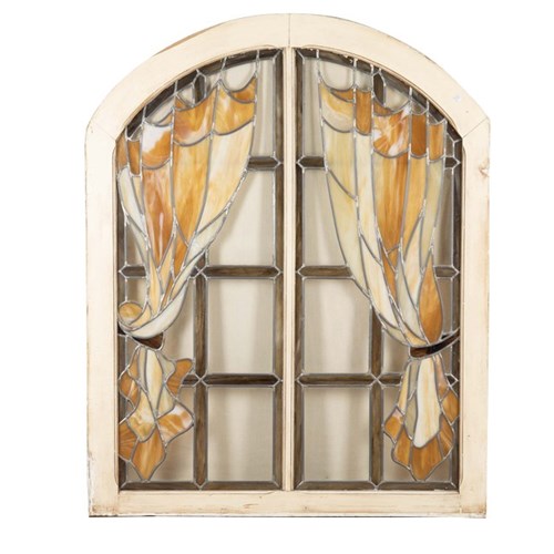 Large Art Nouveau Revival Stained Glass Arched Window
