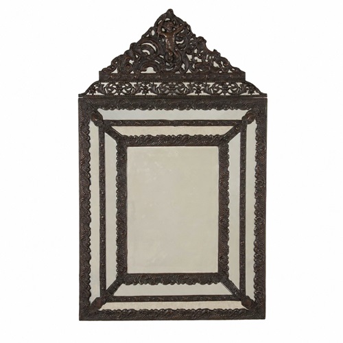 Large French Repoussé Brass Cushion Mirror With Cupid Crest