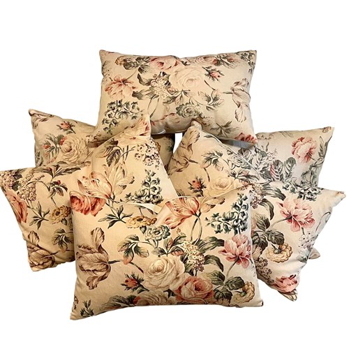 Set Of Six Mid-Century French Floral Cretonne Cushions