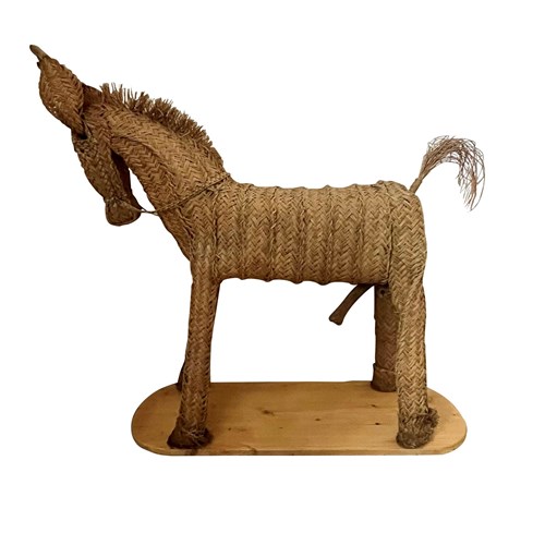Large Mid-Century Spanish Woven Straw Donkey On Wooden Plinth