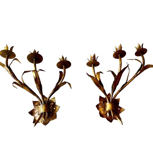 Pair Of Mid-Century Spanish Gilt Iron Wall Lights By Ferrocolor
