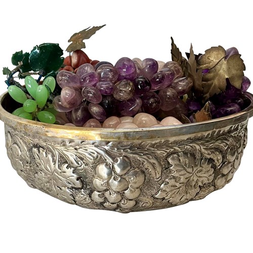 Mid-Century Italian Silver Plate Bowl With Collection Of Stone Grapes