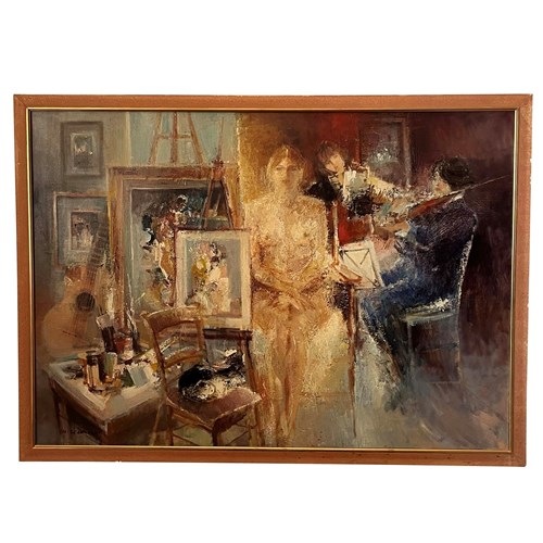 20Th Century Oil On Canvas Painting 'Nude With Music' By M.Chemin