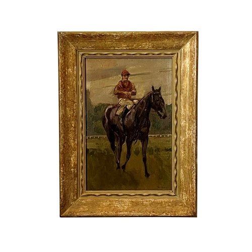 Early 20Th Century French School Oil On Panel Painting Of A Jockey On Horseback