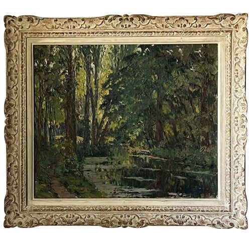 French Oil On Canvas Painting 'Woodland River Lanscape' 