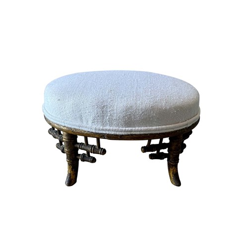 Small 19Th Century Faux Bamboo Footstool In Antique Hemp
